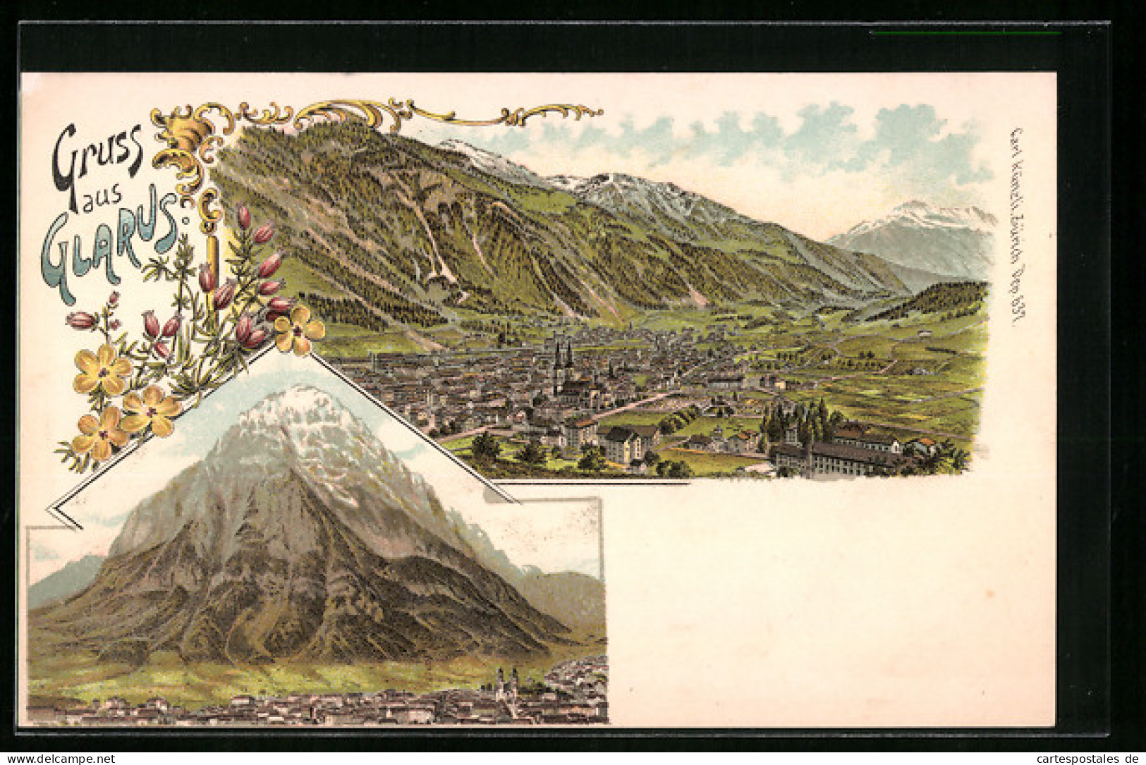 Lithographie Glarus, Ortsansicht Mit Bergen  - Sonstige & Ohne Zuordnung