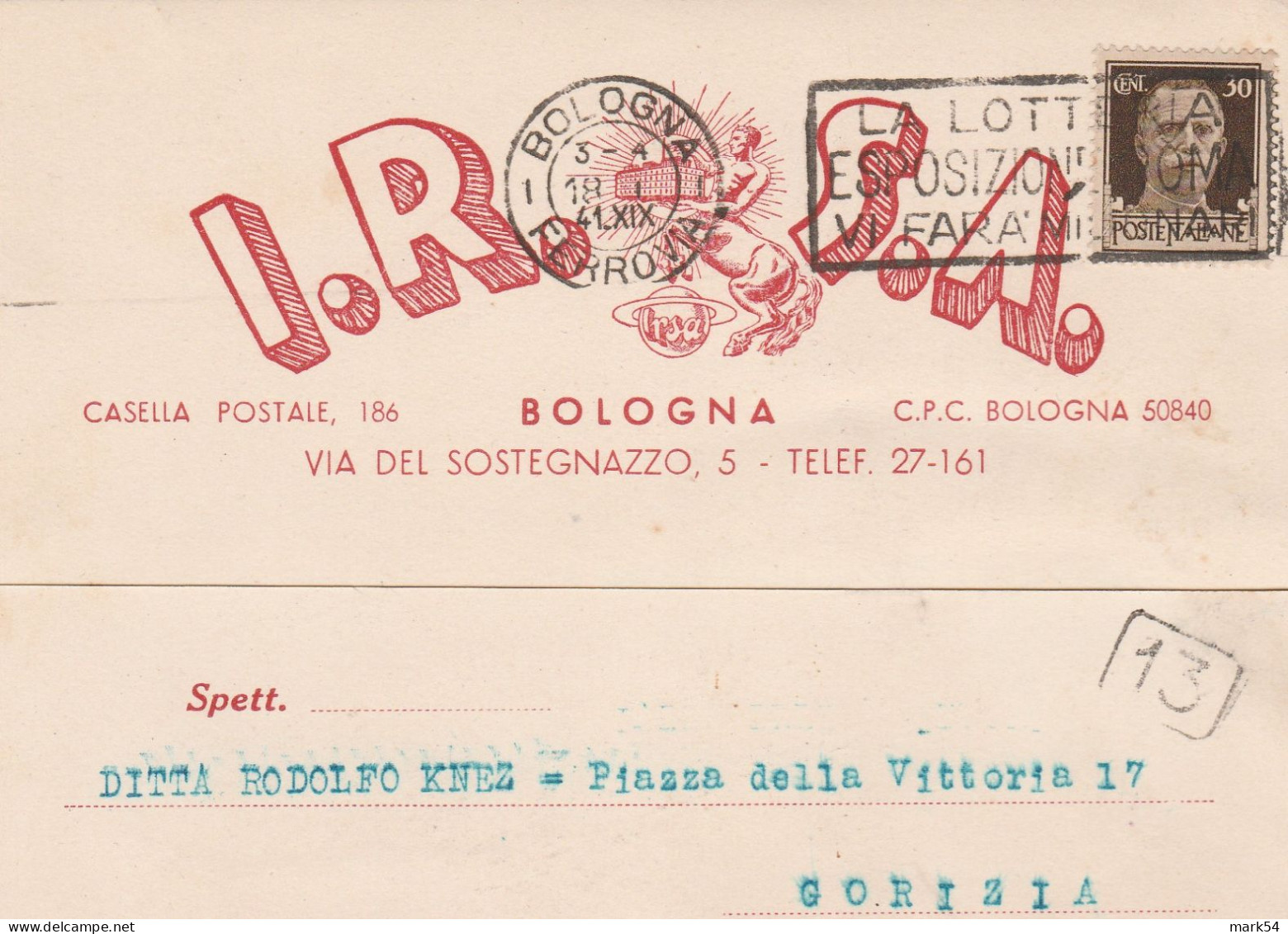 Imperiale (12) Splendida Cartolina Privata (I.R.S.A. Bologna) Con Cent. 30 - Storia Postale