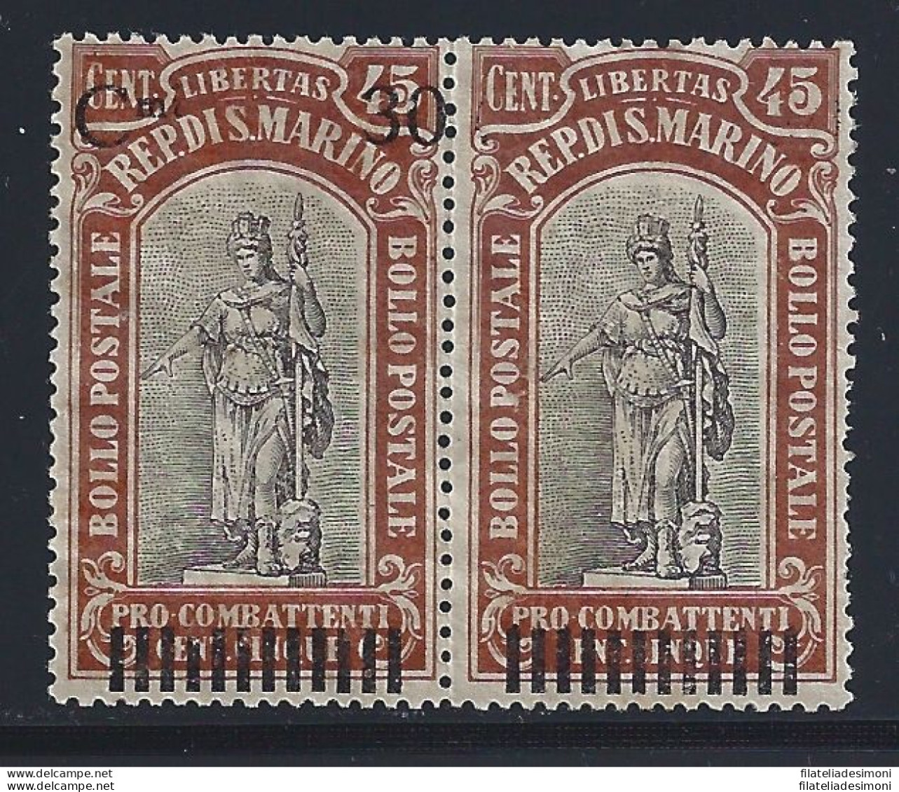 1924 SAN MARINO, N. 103a COPPIA Pro Combattenti Sovr. MNH/** RARA VARIETAe#039; - Varietà & Curiosità