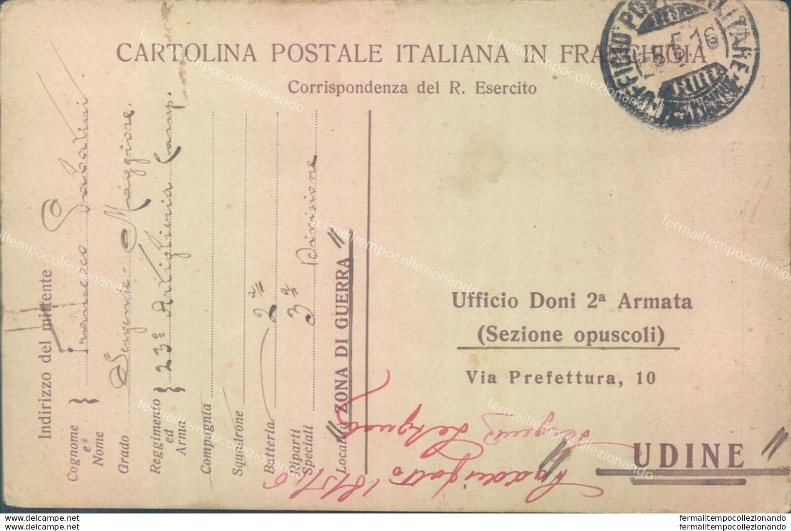 T484 Cartolina Franchigia Militare Ufficio Doni 2 Armata Udine 1916 - Franchise