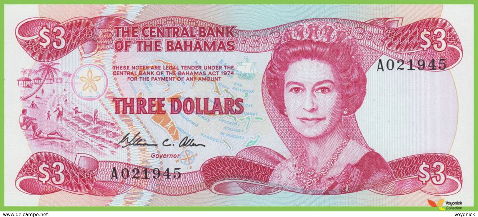 Voyo BAHAMAS 3 Dollars L1974(1984) P44a B309a A UNC Queen Elisabeth II - Bahamas