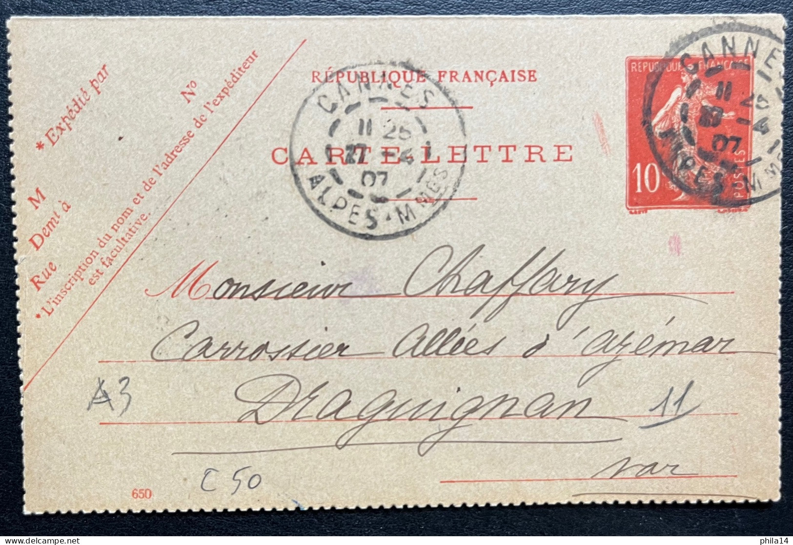 10c SEMEUSE CARTE LETTRE / CANNES POUR DRAGUIGNAN 1907 - Cartes-lettres