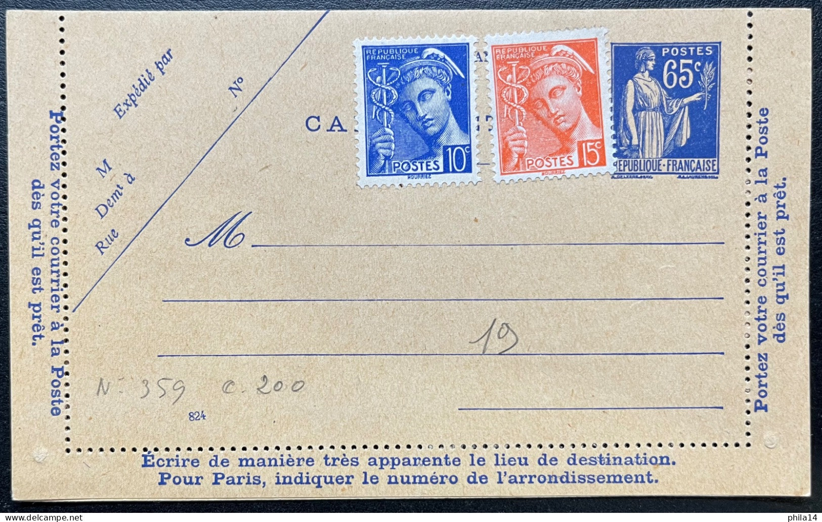 65c TYPE PAIX & 10c + 15c MERCURE SUR CARTE LETTRE / NEUVE - Cartoline-lettere