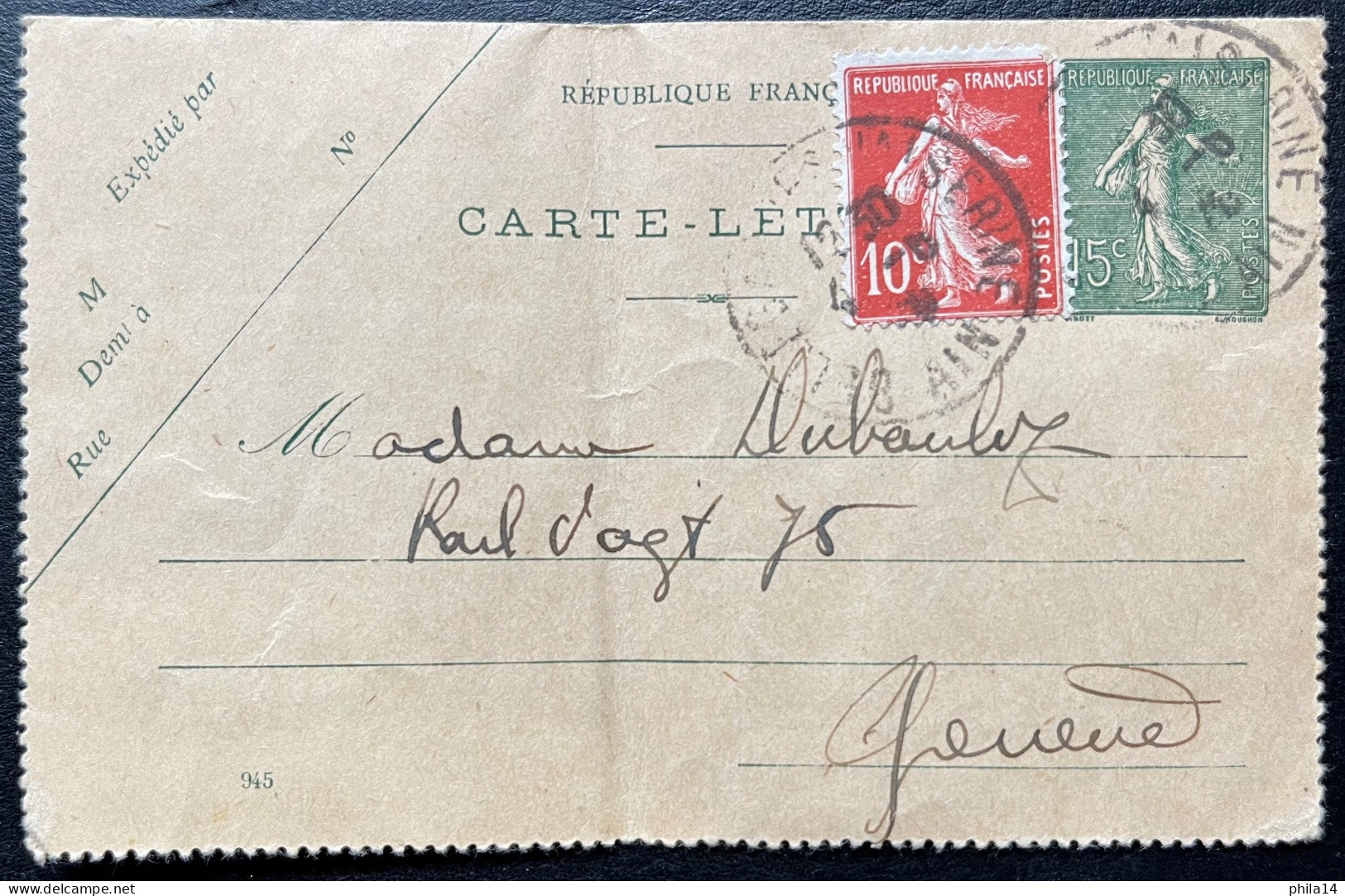 10c & 15c SEMEUSE SUR CARTE LETTRE / BELLEGARDE AIN POUR GENEVE 1930 - Kartenbriefe