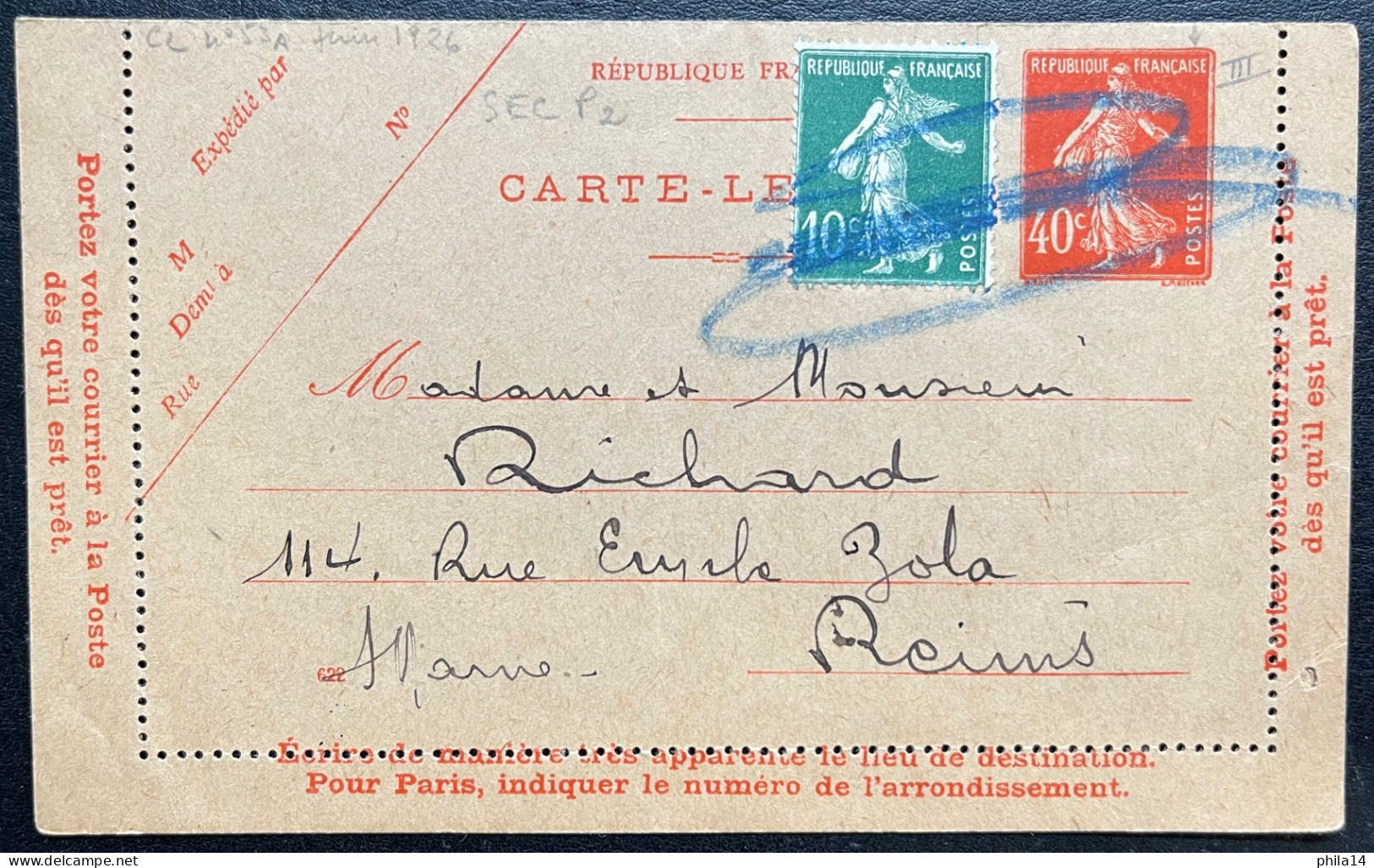 10c & 40c SEMEUSE SUR CARTE LETTRE /  POUR REIMS 19? / ANNULE AU CRAYON - Kaartbrieven