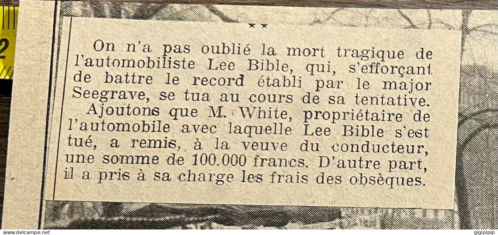 1921 GHI DÉBRIS DE LA VOITURE DE Lee BIBLE APRES L'ACCIDENT M. White, - Collections