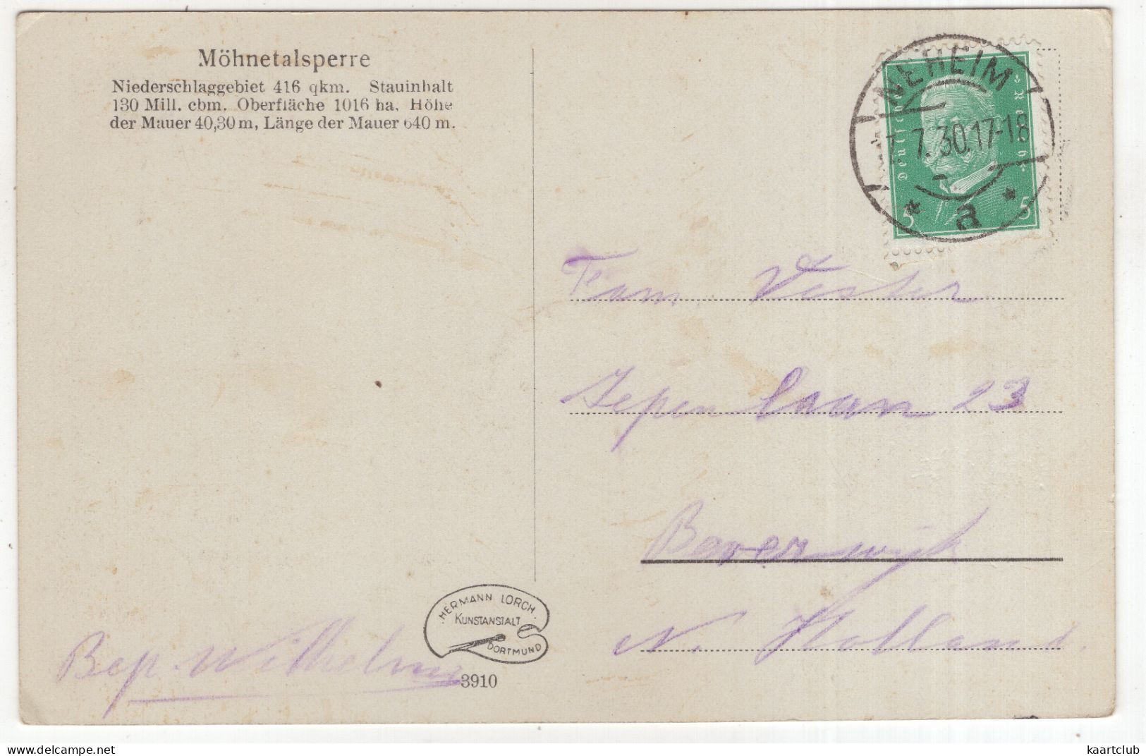 Möhnetalsperre - (Deutschland) - 1930 - (Hermann Lorch, Kunstanstalt, Dortmund) - Möhnetalsperre