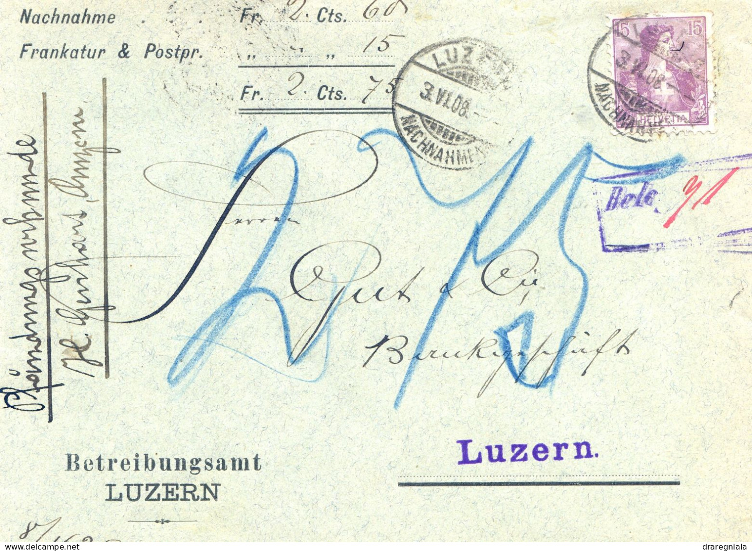 Lettre Avec Cachet De Luzern 3 VI 08 - Betreibungsamt Luzern -  Buste D'Helvétia 106 - Storia Postale