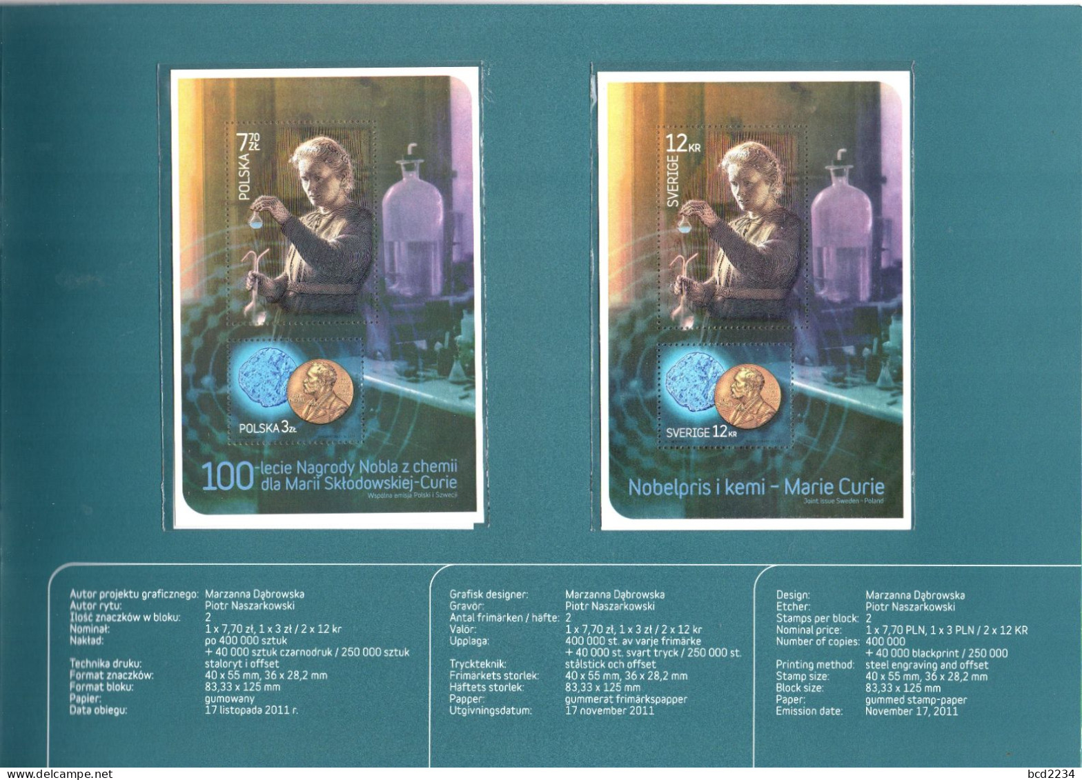 POLAND 2011 LIMITED EDITION: RARE 100TH ANNIVERSARY MARIE CURIE NOBEL PRIZE CHEMISTRY FOLDER FDC MS PL SWEDEN - FDC