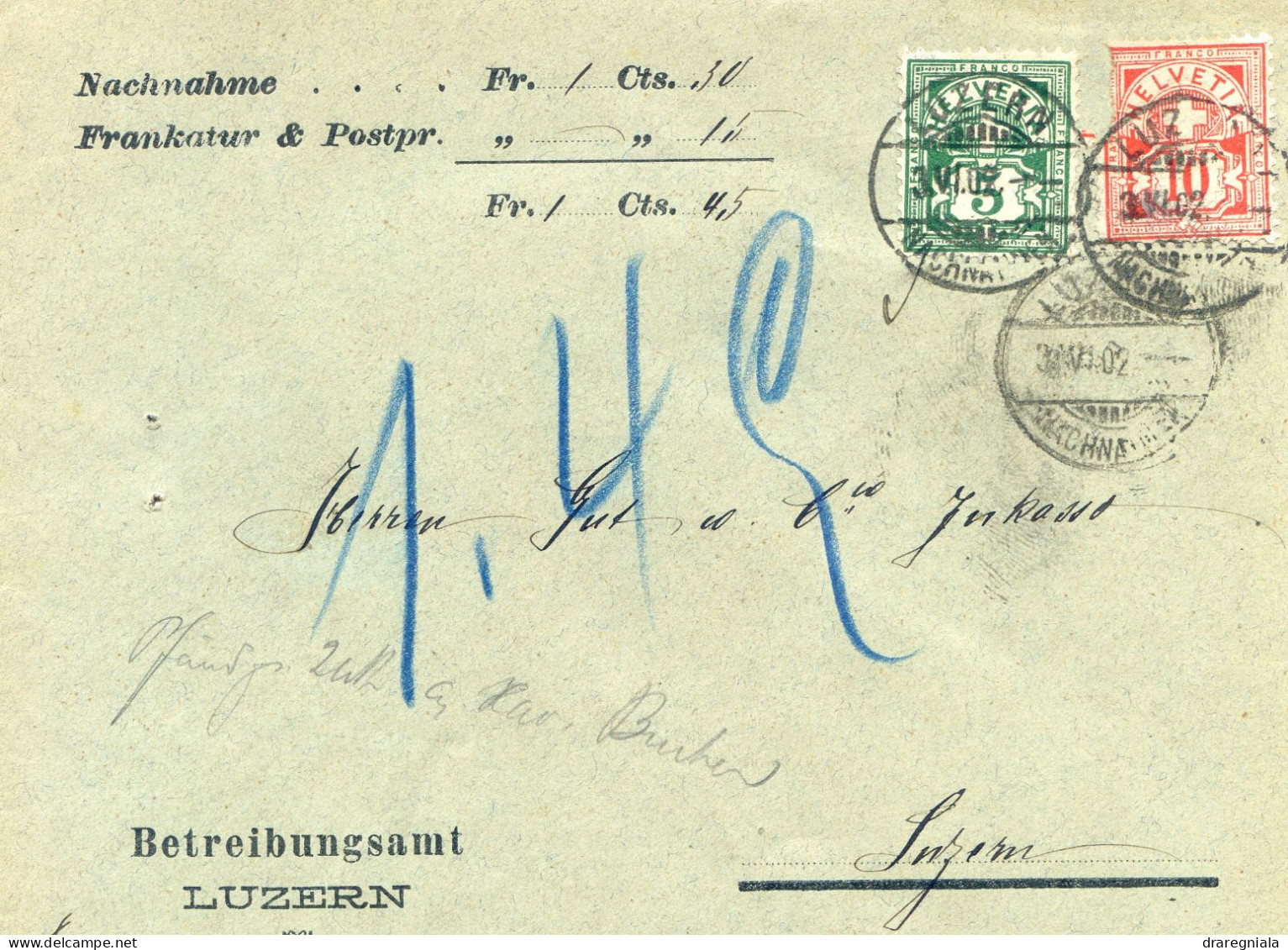 Lettre Avec Cachet De Luzern 3 VI 02 - Betreibungsamt Luzern - Croix Fédérale N°82 83 - Lettres & Documents