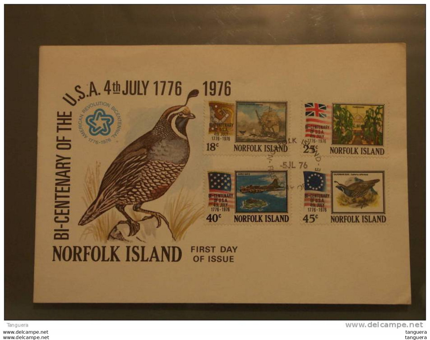 Norfolk FDC 1976 Bi-centenary USA Lophortyx Bird Bateau Avion  Yv 173-176 - Unabhängigkeit USA