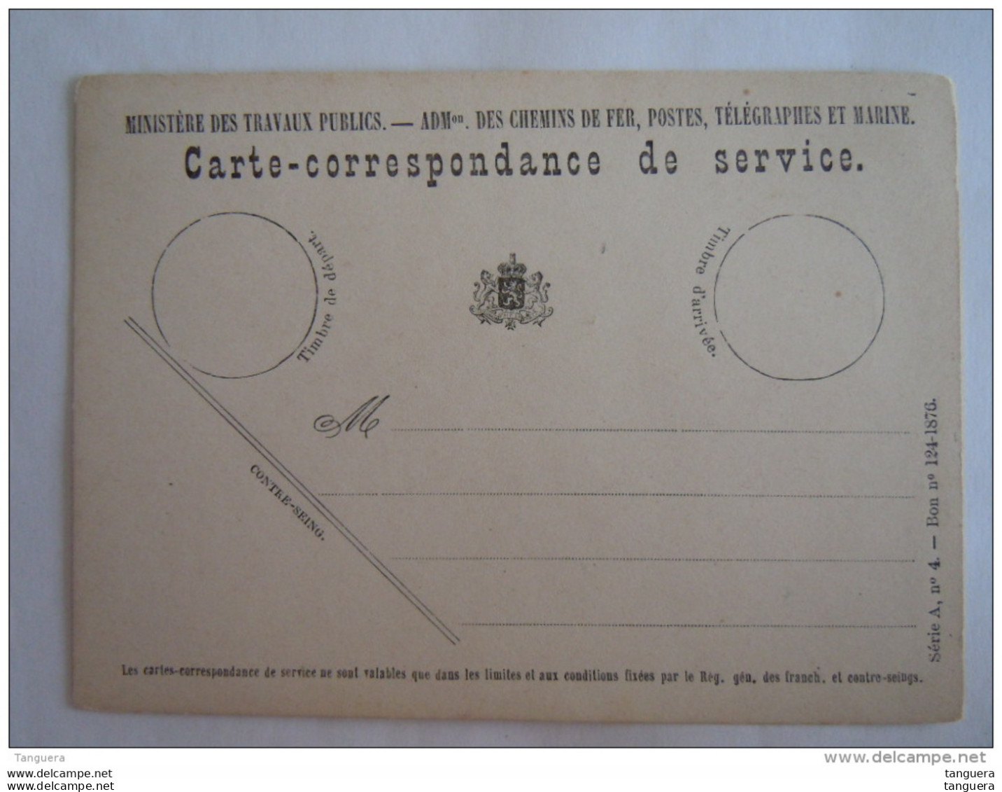 Belgique Carte-correspondance De Service Ministère Des Travaux Publics Admon Des Chemins De Fer Postes Télégraphes Marin - Lettres & Documents