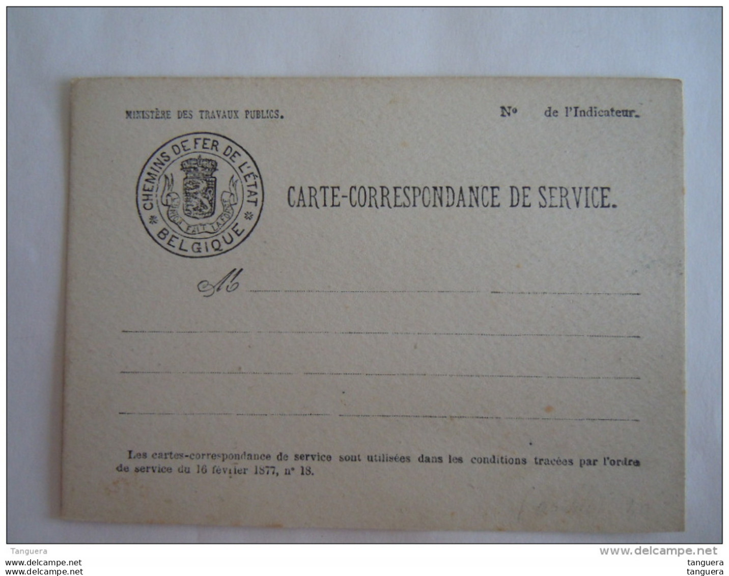 Belgique Carte-correspondance De Service Ministère Des Travaux Publics  Chemins De Fer De L'état - Briefe U. Dokumente