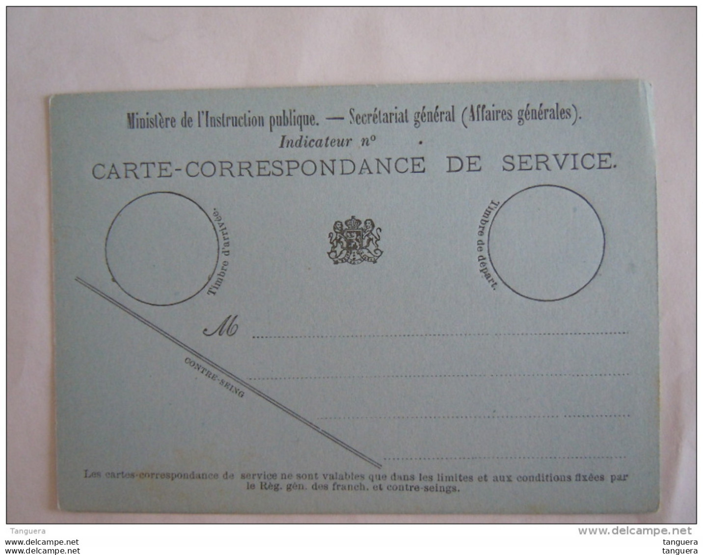 Belgique Carte-correspondance De Service - Ministère De L'instruction Publique - Secrétariat Général (Affaires Générales - Cartas & Documentos