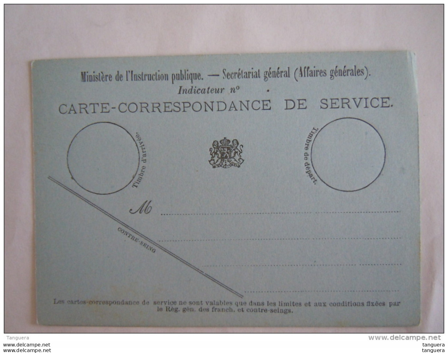 Belgique Carte-correspondance De Service - Ministère De L'instruction Publique - Secrétariat Général (Affaires Générales - Briefe U. Dokumente