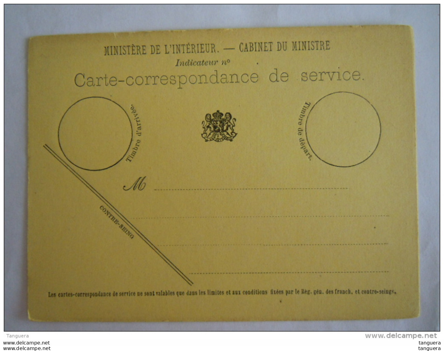 Belgique Carte-correspondance De Service  Ministère De L'intérieur   Cabinet Du Ministre - Brieven En Documenten