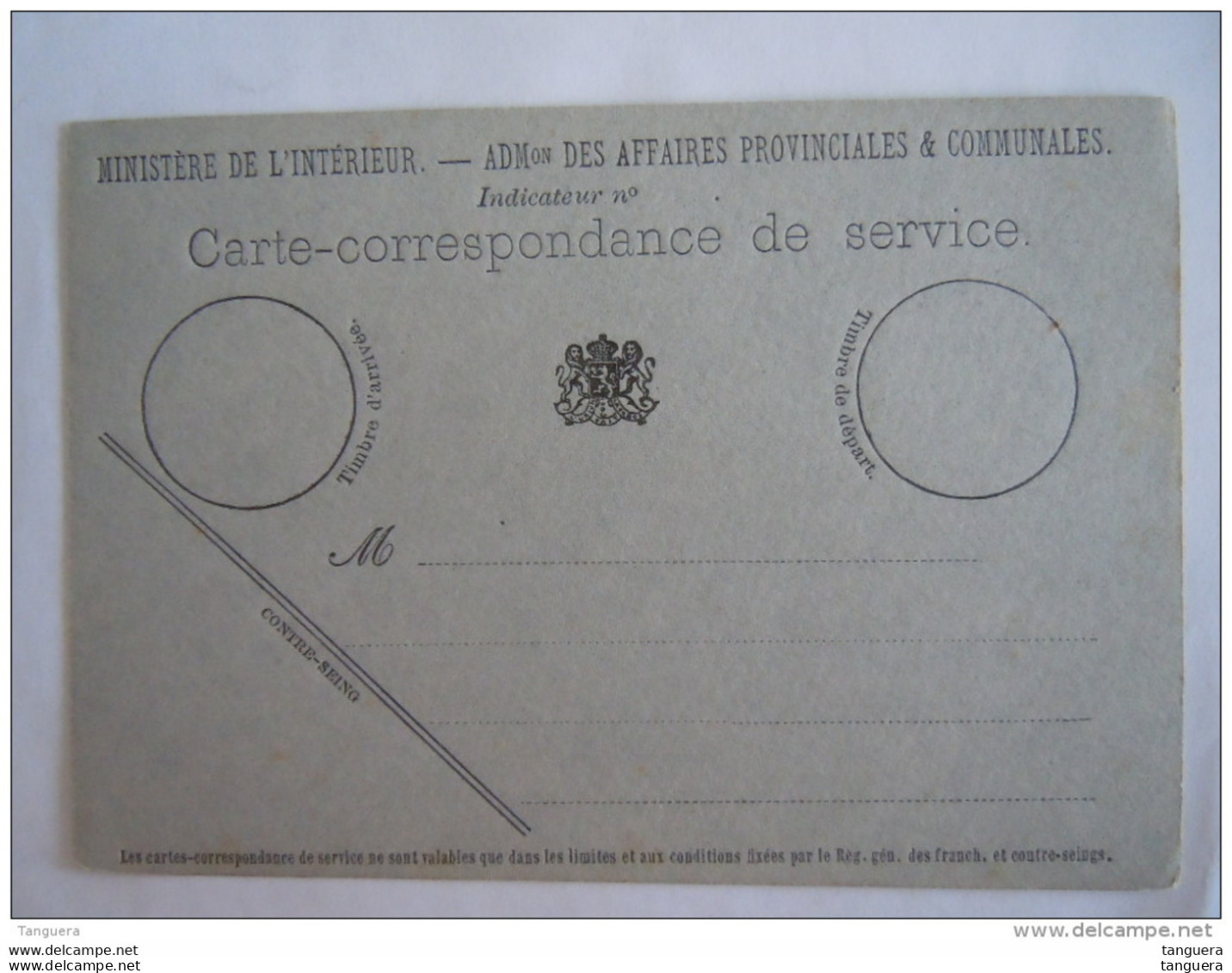 Belgique Carte-correspondance De Service  Ministère De L'intérieur Admon Des Affaires Provinciales & Communales - Lettres & Documents