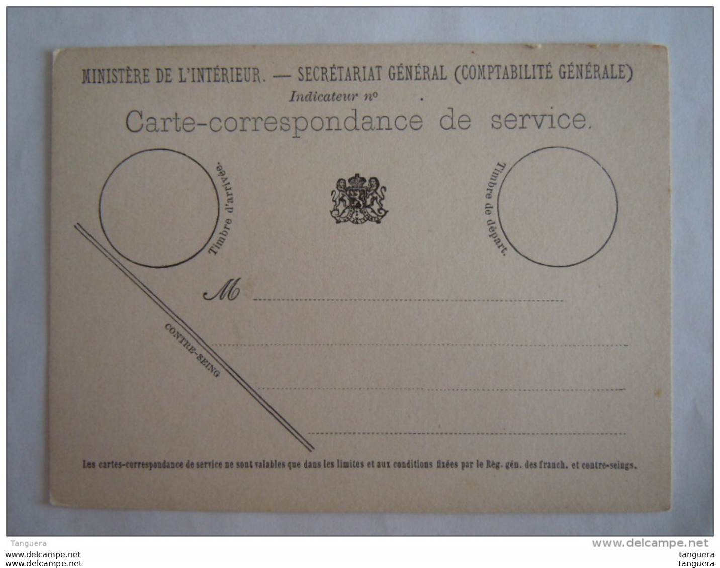 Belgique Carte-correspondance De Service Ministère De L'intérieur Ministère De L'intérieur Secrétariat Général - Lettres & Documents