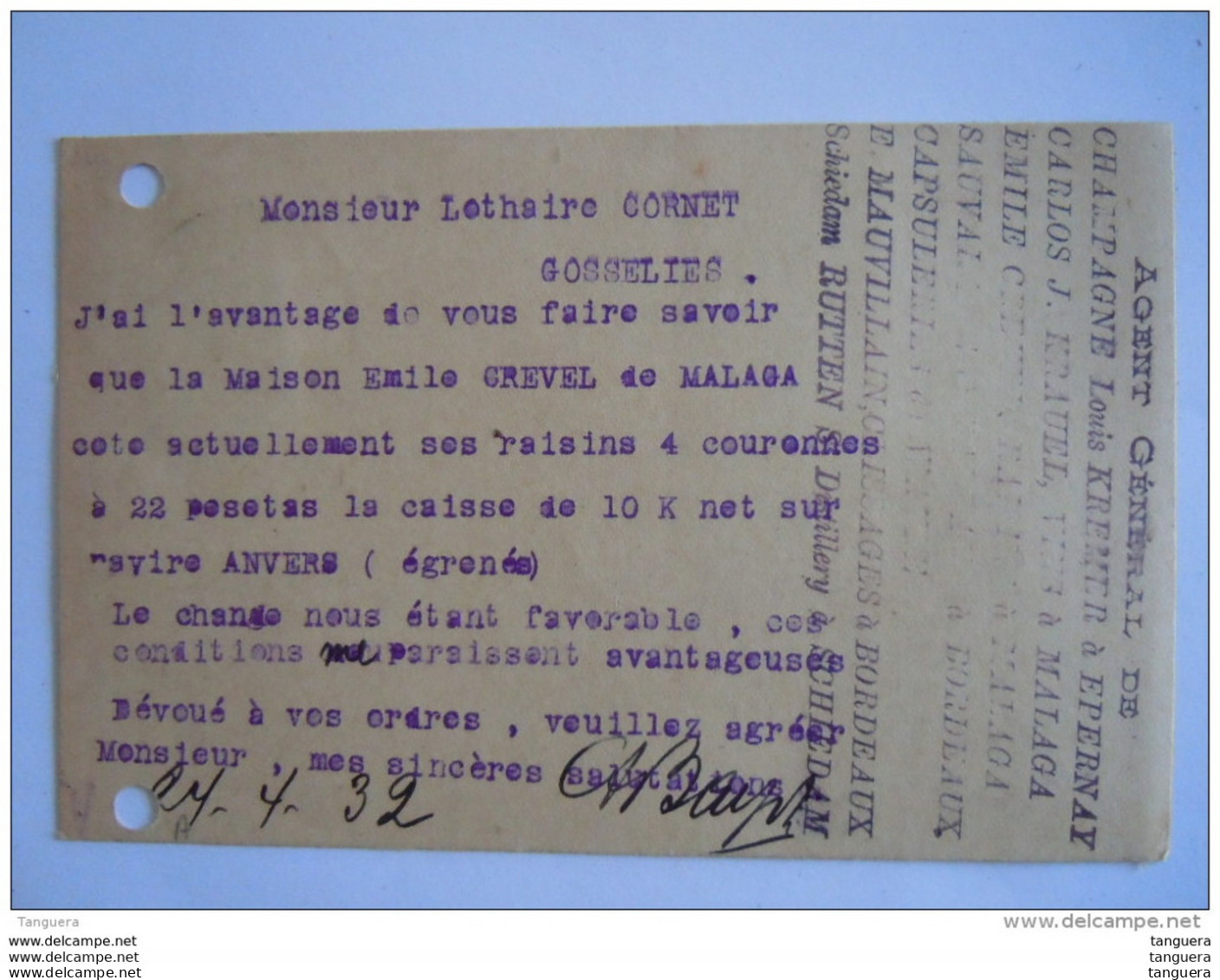 Belgique Carte Postale 1932 Bayet Charleroi-Villette Vente Cognac Rhum Vins Gosselies - Lebensmittel