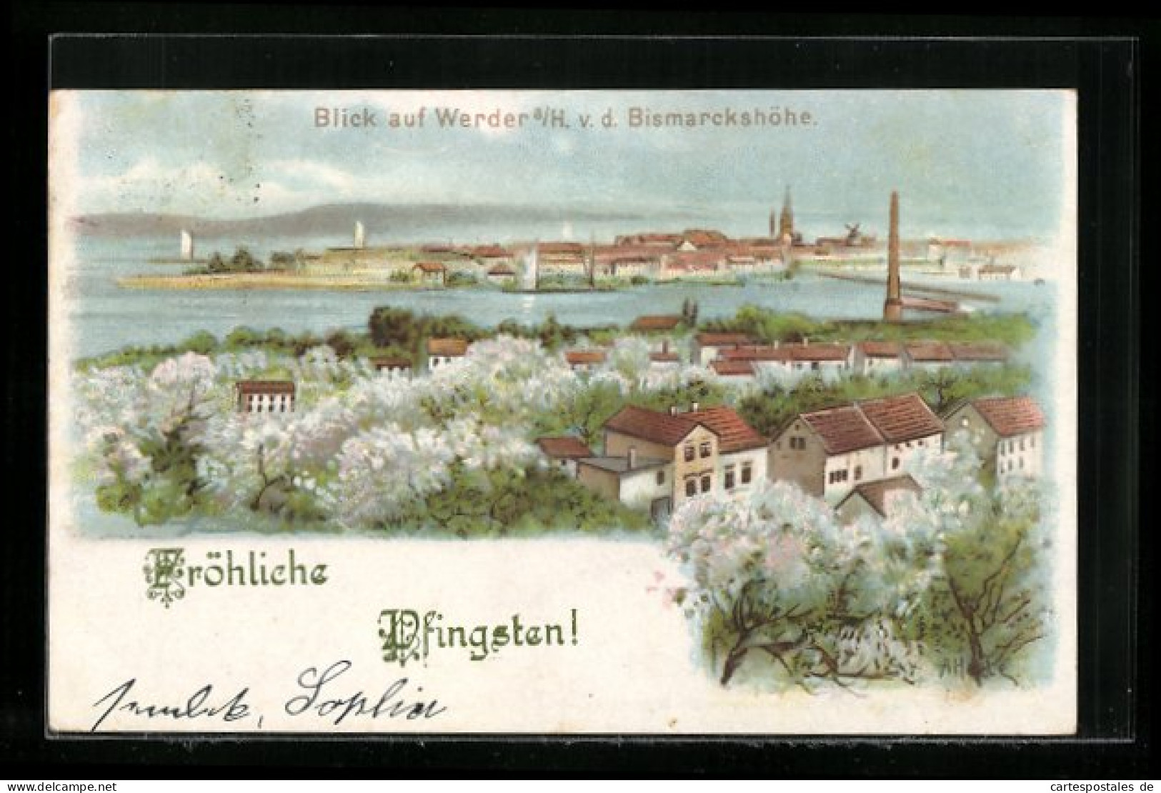 Lithographie Werder A. H., Panoramablick Von Der Bismarckshöhe, Pfingstgruss  - Werder