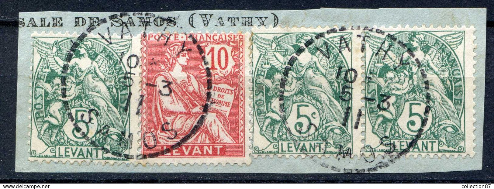 REF 087 > VATHY < 1911 Oblitération SAMOS Sur Fragment Sur Timbres Du LEVANT N° 13-14 Ø < Ø Used - Type Blanc Et Mouchon - Storia Postale