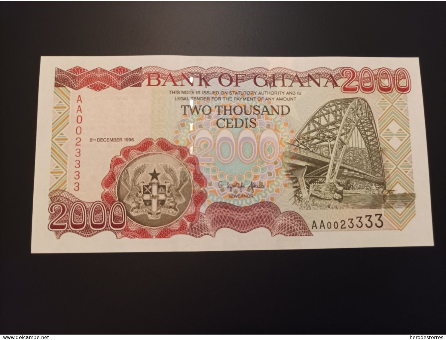 Billete GHANA, 2000 Cedis, Serie A, Año 1996, Nº Bajisimo 0023333, UNC - Ghana