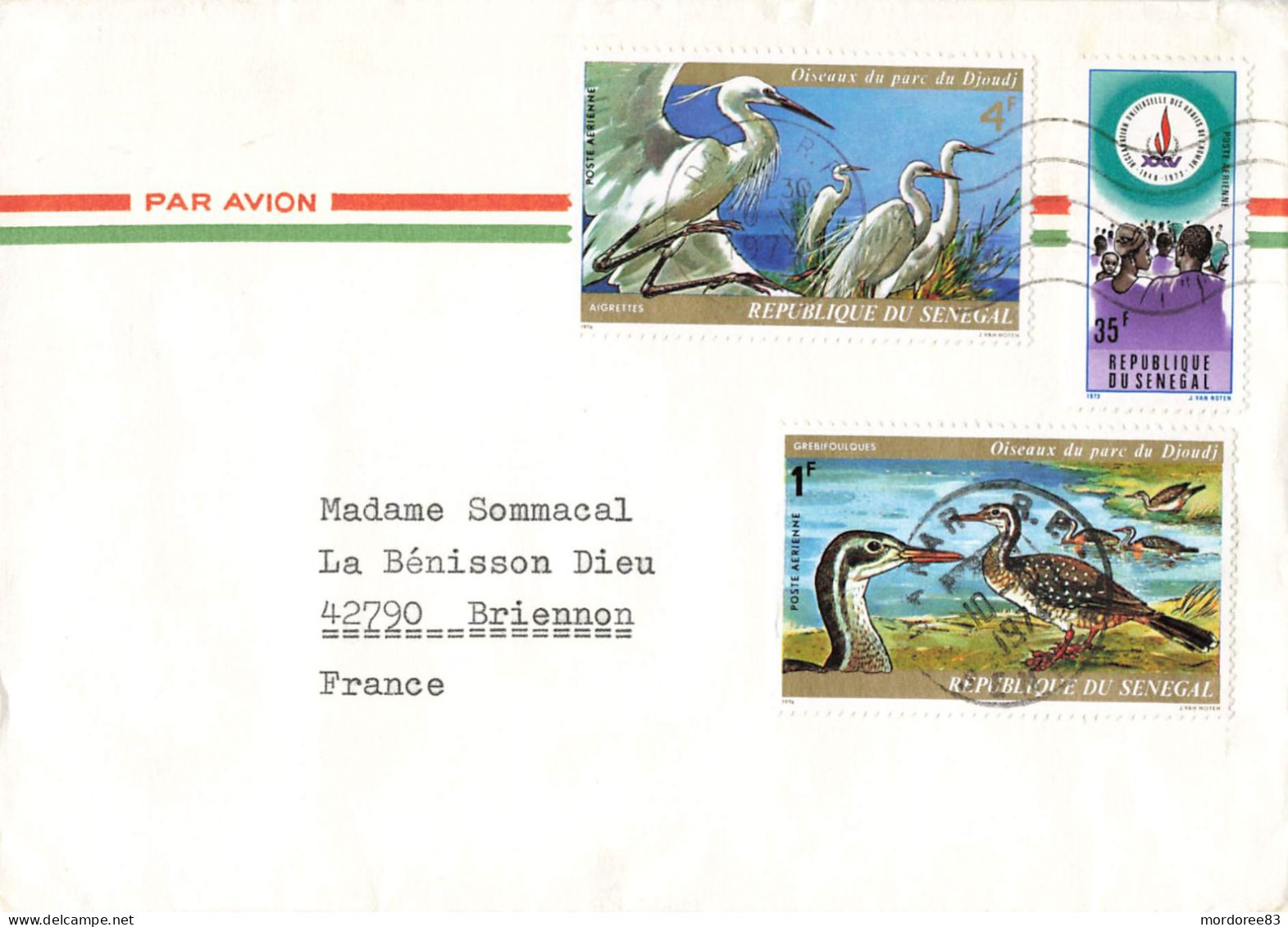 SENEGAL LETTRE AVION DAKAR 10/8/1974 OISEAUX POUR FRANCE BRIENNON LOIRE - Sénégal (1960-...)