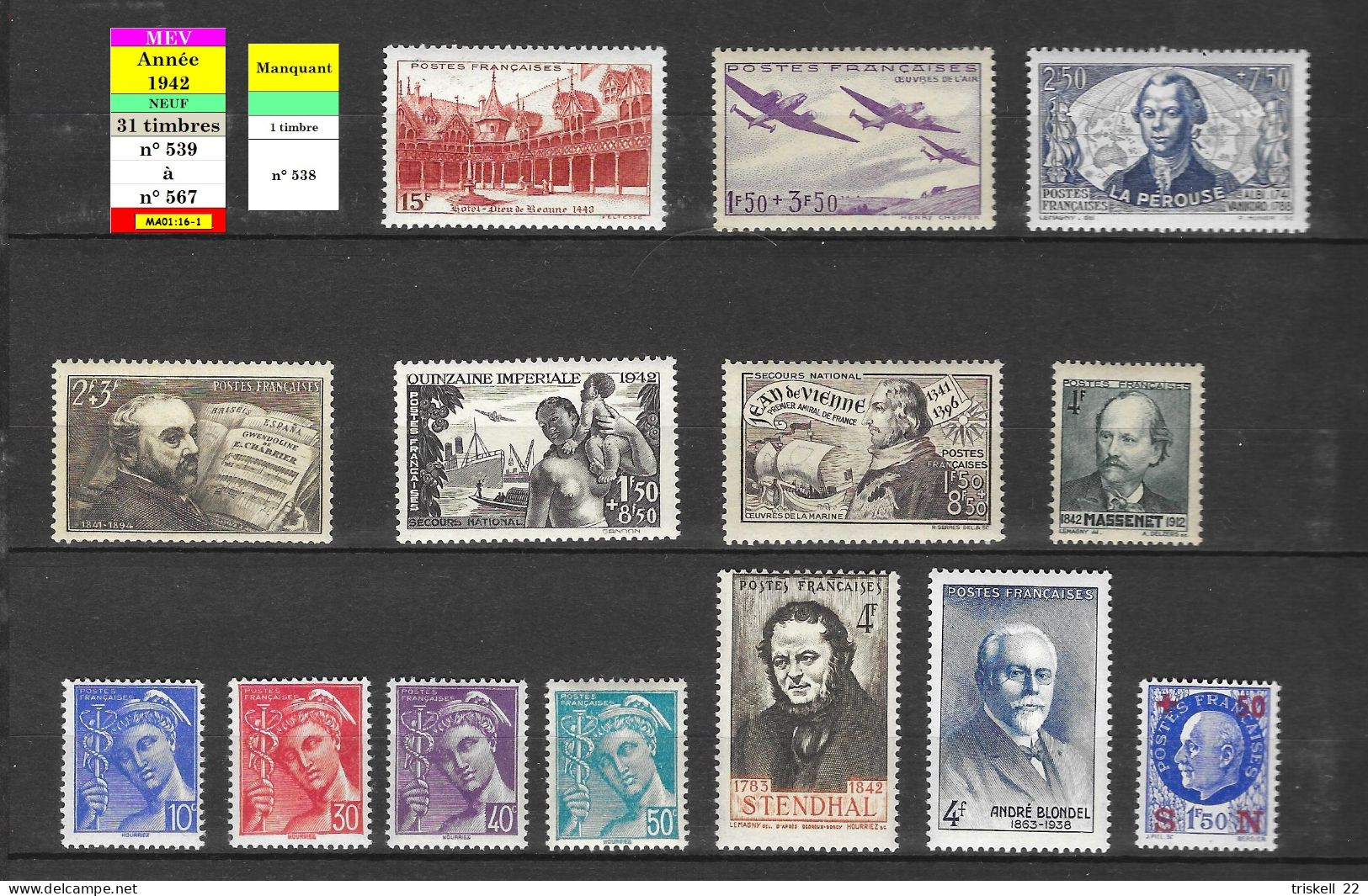 Année 1942** : 31 Timbres - Manque N° 538 - - 1940-1949