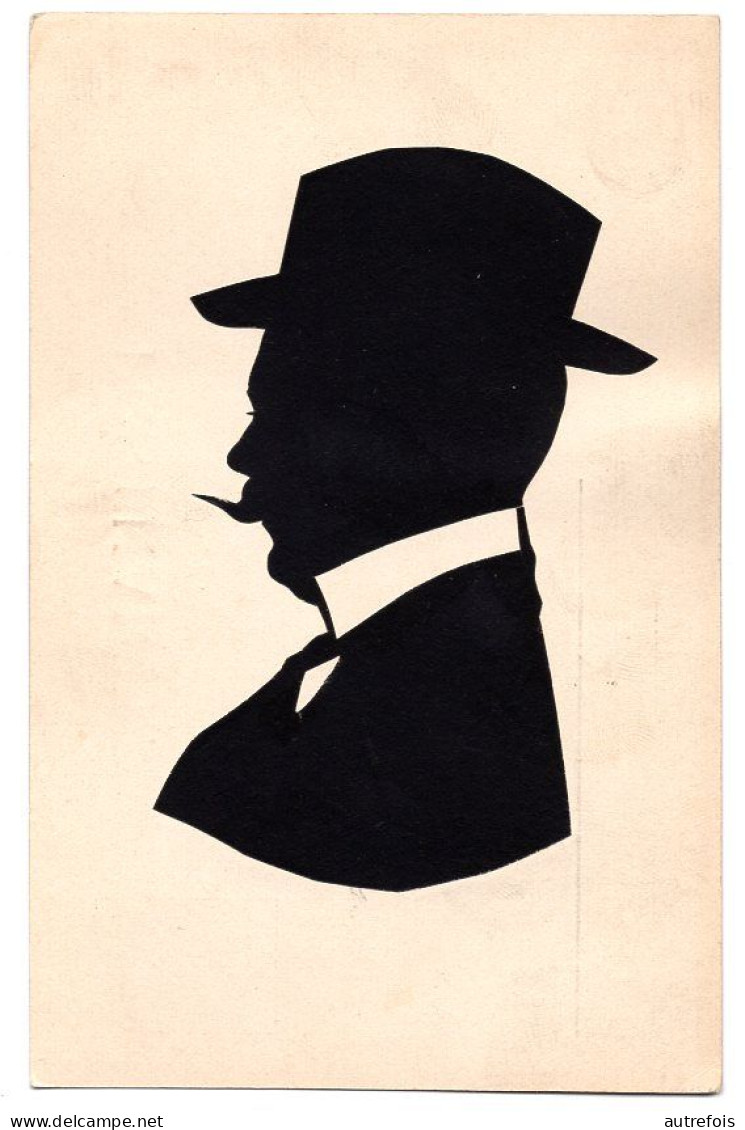 SILHOUETTE HOMME AVEC SON CHAPEAU   OMBRE    -  COLLAGE SUR CARTE POSTALE - Silhouettes