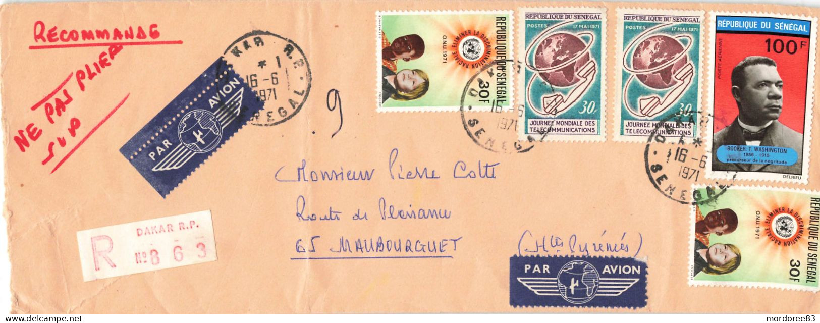 SENEGAL LETTRE RECOMMANDEE AVION DAKAR 16/6/1971 POUR MAUBOURGUET HTES PYRENES - Senegal (1960-...)