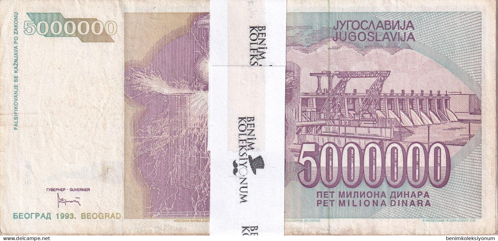 Yugoslavia 5,000,000 Dinara, 1993 P#121 F/VF Bundle - Yugoslavia