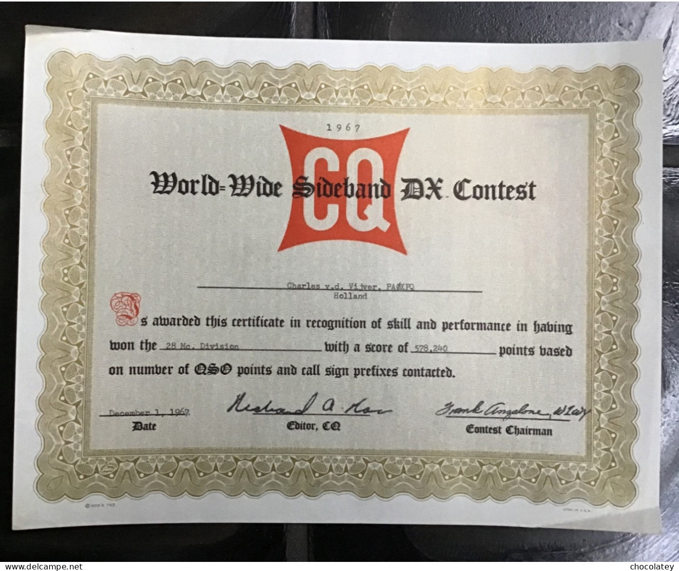 World Wide Sideband 1967 Ex Contest Award - Diplômes & Bulletins Scolaires