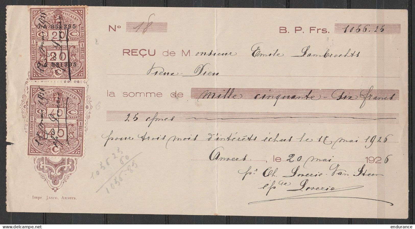 Reçu établi à Anvers 20 Mai 1926 - Timbres-taxe/fiscaux 20c & 40c Annulés à La Plume - Documentos