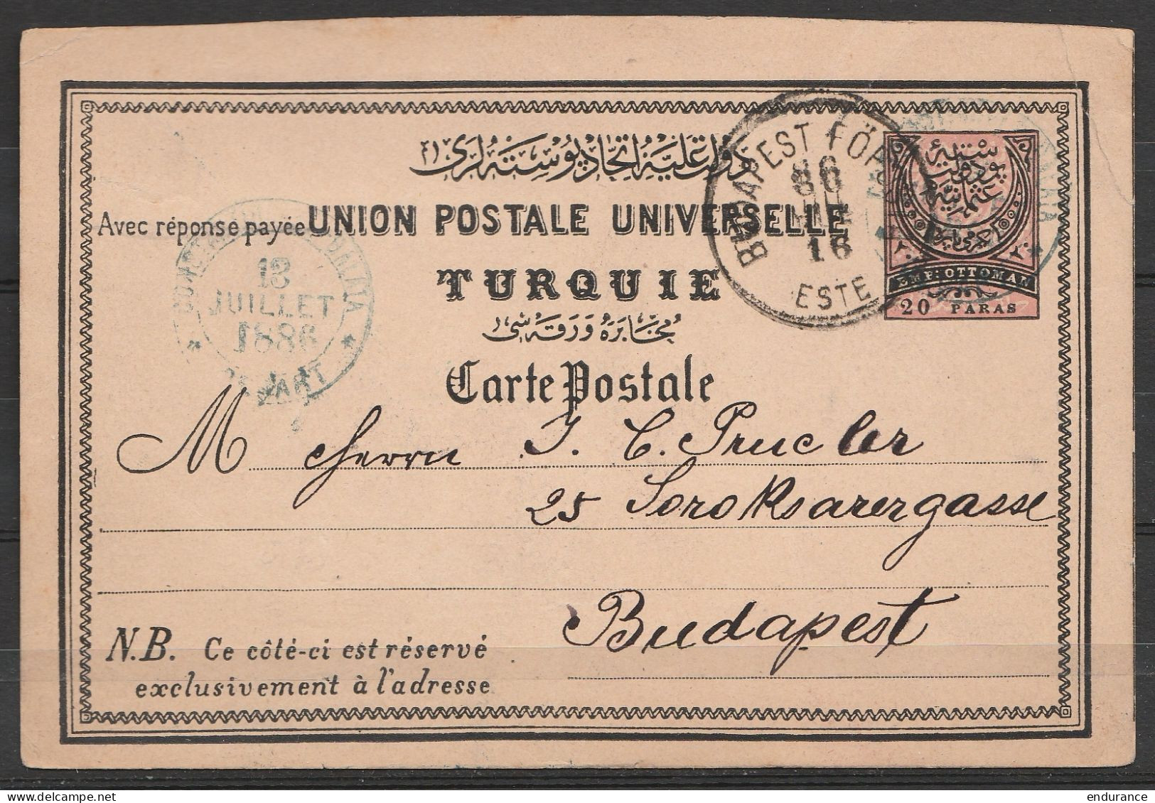 Turquie - EP CP 20 Paras Càd CONSTANTINOPLE /18 JUILLET 1886 Pour BUDAPEST - Cartas & Documentos