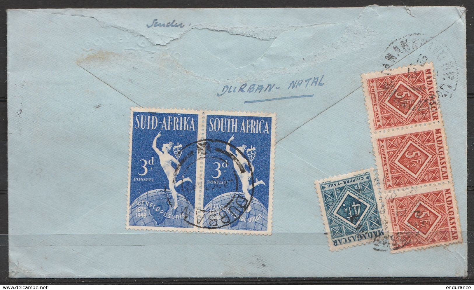 Afrique Du Sud - L. Affr. N°172/77 (3 Paires Se-tenant) Flam. DURBAN /-4.X.1949 Pour Et Taxé (N°37+38x3) à TANANARIVE -  - Covers & Documents