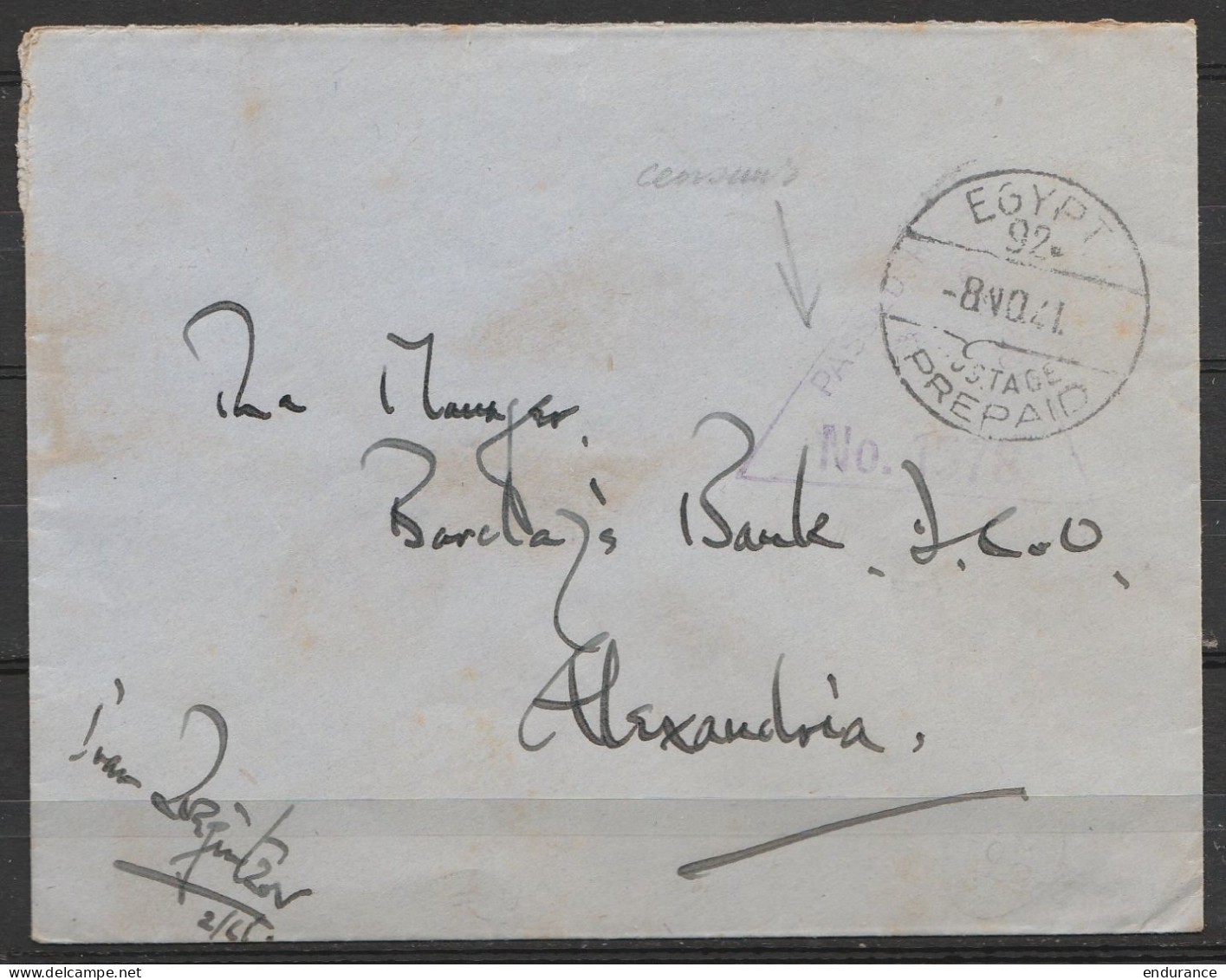 L. Franchise Càd "EGYPT 92/-8 NO 1941 Pour Barclay's Bank à ALEXANDRIE - Cachet Censure Militaire UK (au Dos: Càd ALEXAN - Lettres & Documents