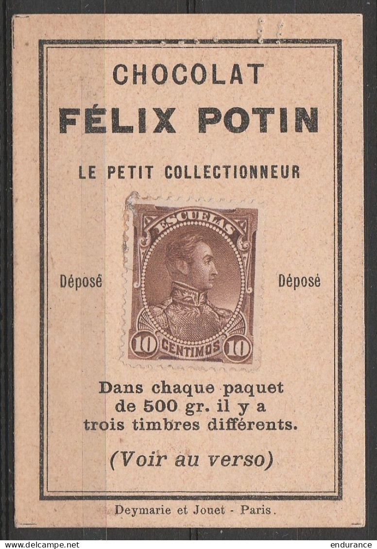 Venezuela - Timbre Fiscal-postal 10c Collé Sur Carte Chocolat Félix Potin "Le Petit Collectionneur" 1882 - Venezuela