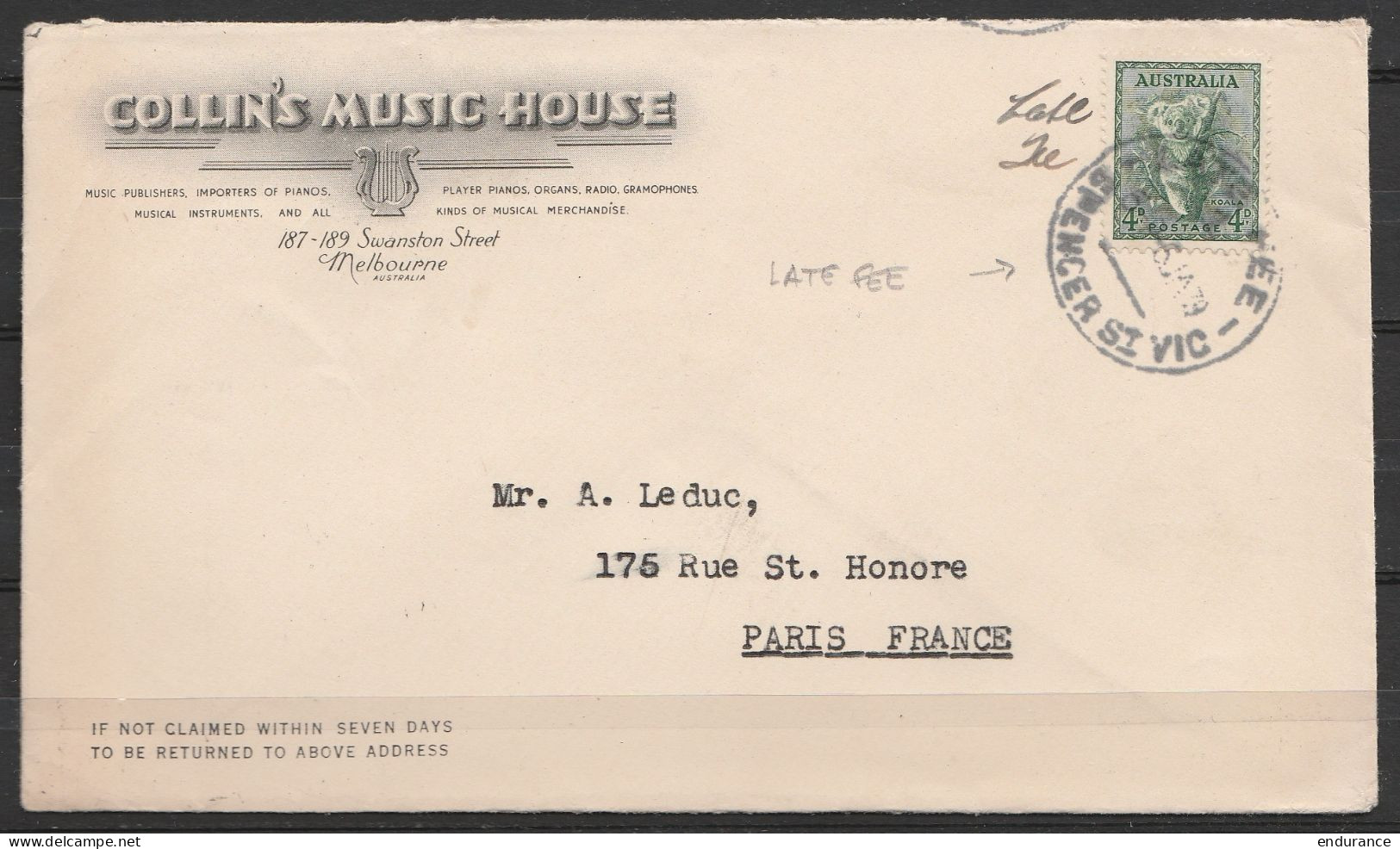 Australie - L. Entête "Collin's Music House" (Melbourne) Affr. 4d Càd "LATE FEE /6 JA 1939" Pour PARIS - Storia Postale