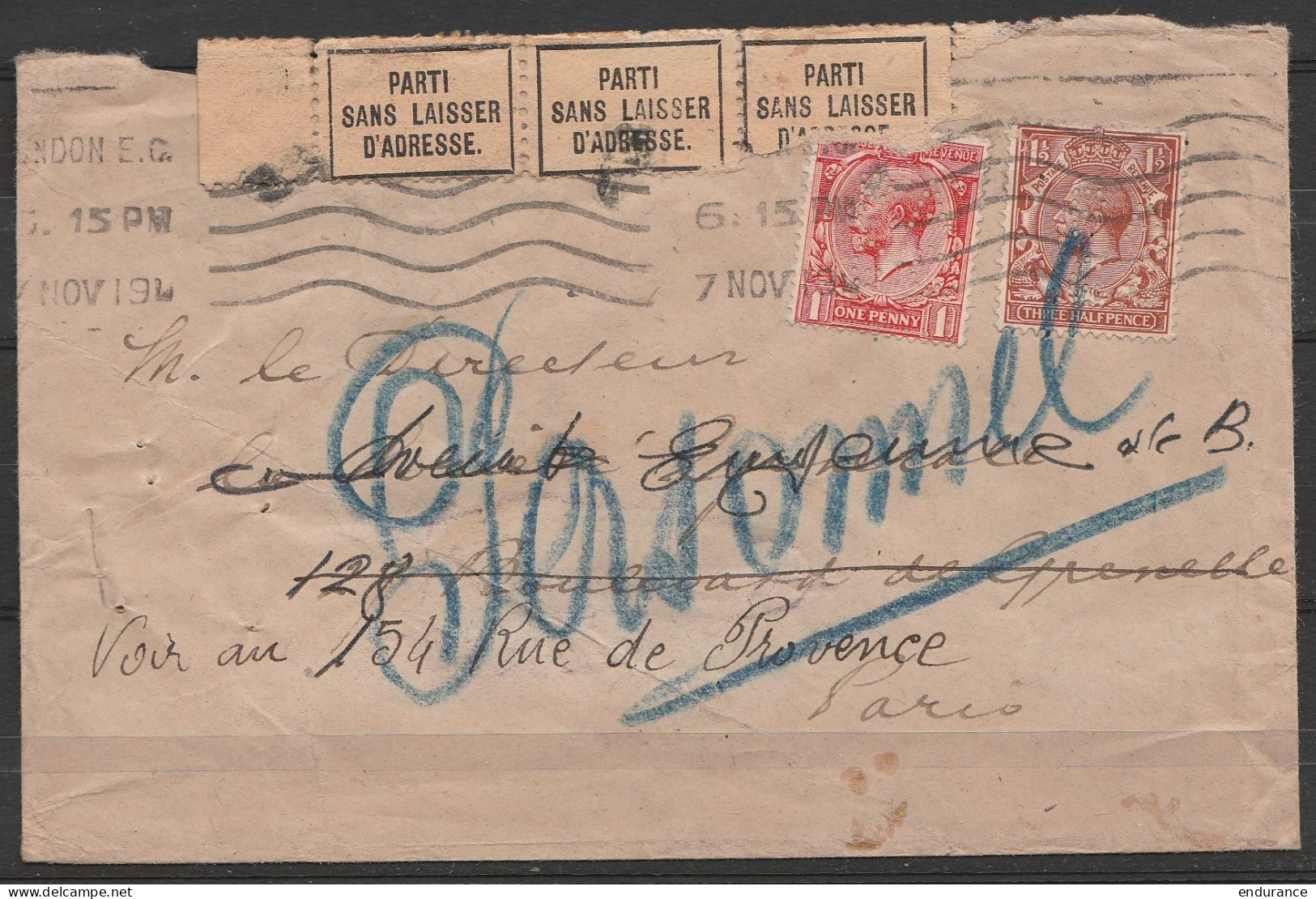 LSC Affr. 2 1/2d (perforéds) Flam. LONDON /7 NOV 1911 (?) Pour PARIS Réexpédiée - Ouverte Et Refermée Par Bande "Parti S - Storia Postale