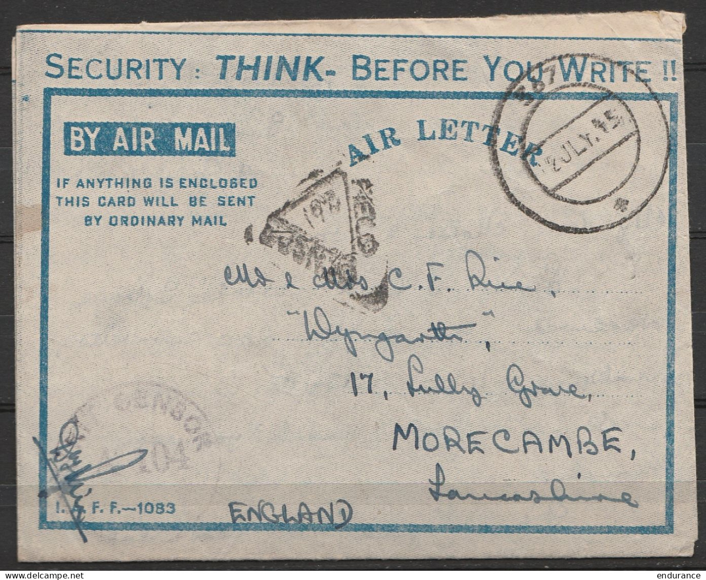 Inde - Air Letter Franchise Militaire Càd "367/12 JLY 1945" Pour MORECAMBE (Lancashire) - Cachets Censure - 1936-47 King George VI
