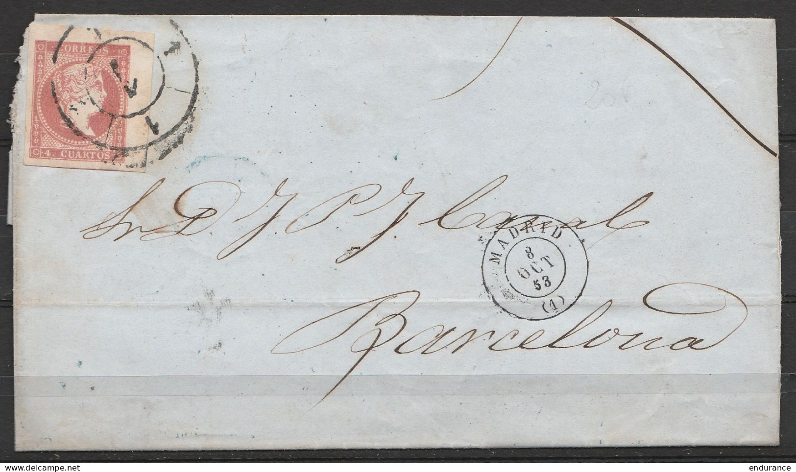 Espagne - L. Datée 8 Octobre 1858 De MADRID Affr.4c Obl. Double Cerlce "1" Càd MADRID /8 OCT 58 Pour BARCELONA - Storia Postale