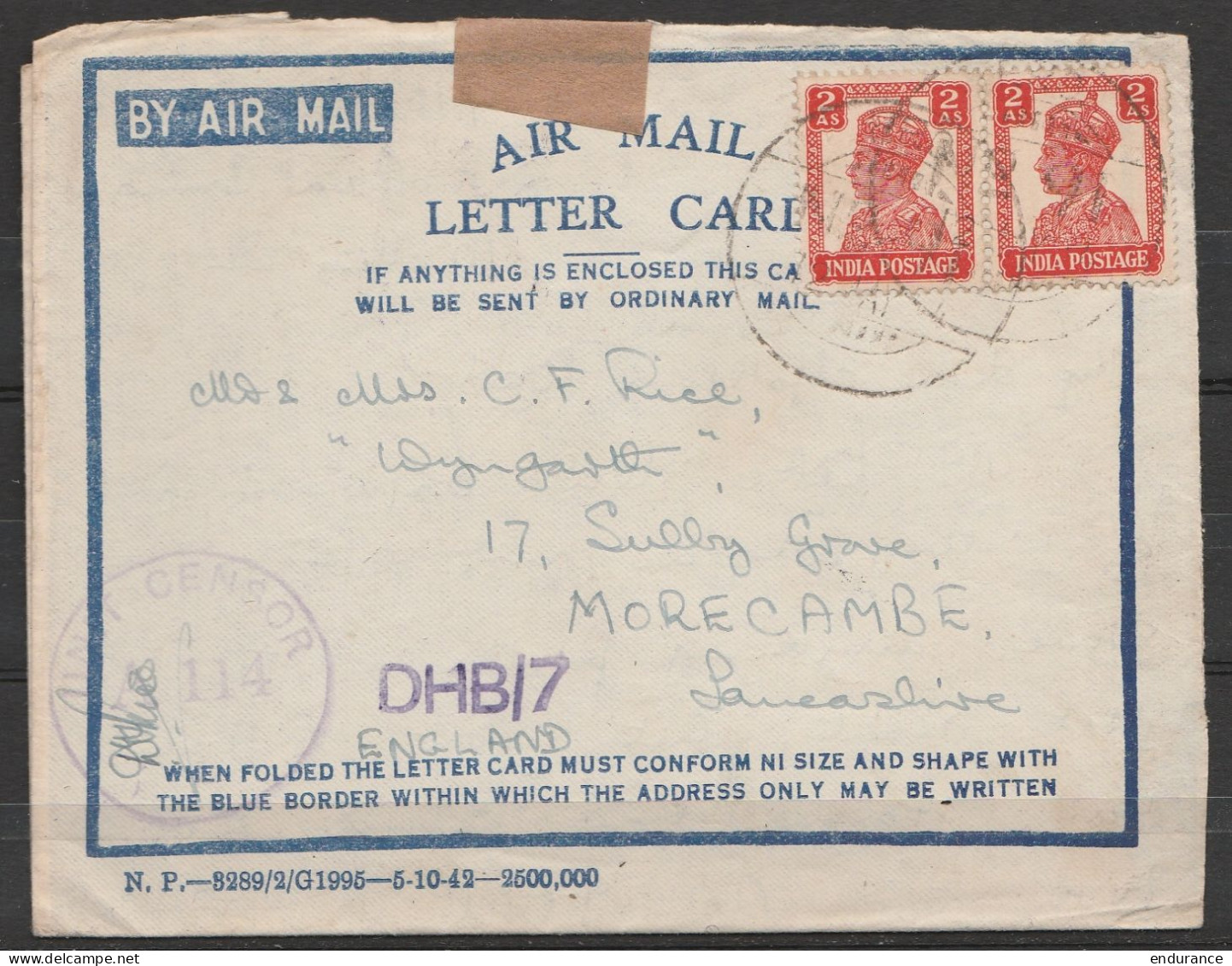 Inde - Air Mail Letter Card Affr. 4 AS Càd ?/12 Mai 1944 Pour MORECAMBE (Lancashire) - Cachets Et Bande Censure - 1936-47 Roi Georges VI