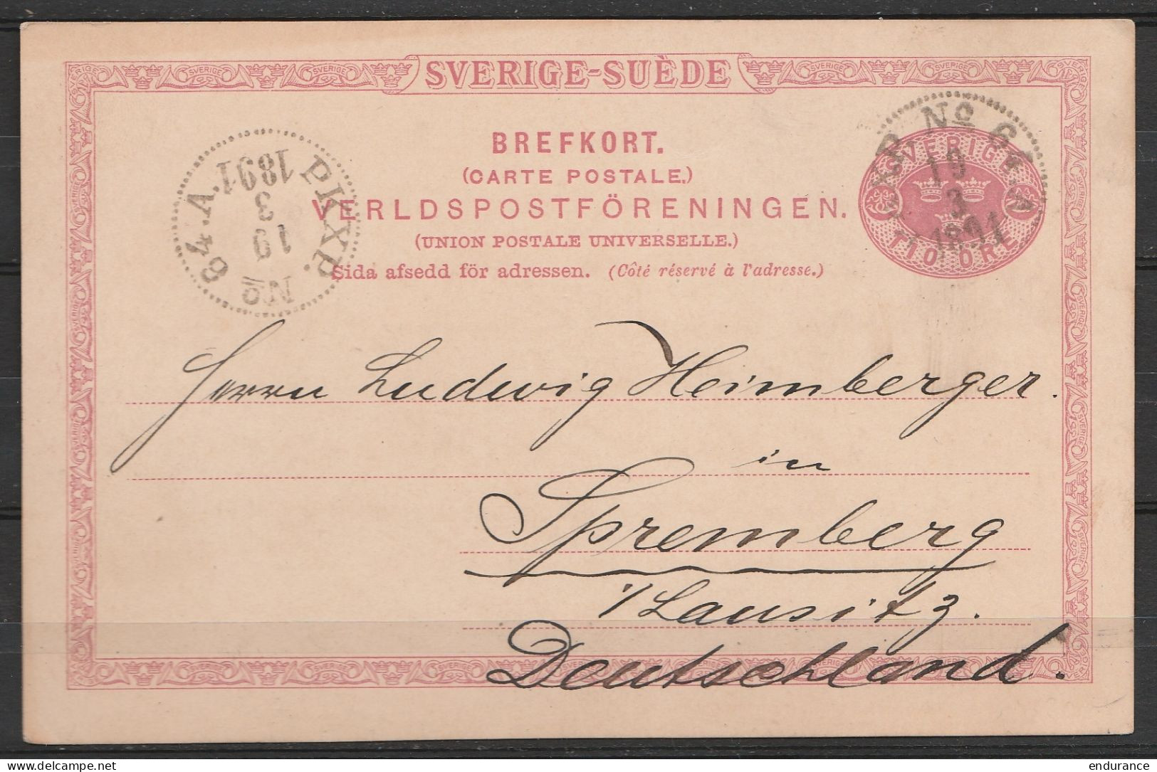 Suède - EP CP Tio öre Càd "PKXP.N°64 /19 3 1891" Pour SPREMBERG (Allemagne) - Brieven En Documenten