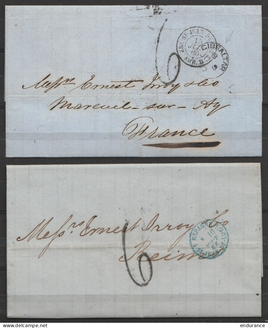 Lot 4 Lettres 1869 De GIBRALTAR Pour La France (Reims, Mareuil-sur-Ay) - Entrée "Espagne / ST-JEAN-DE-LUZ" - Port "6" - Gibraltar