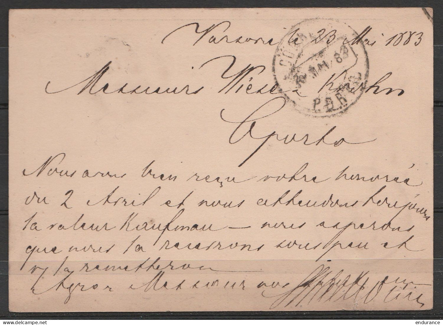 Russie - EP CP 3k De VARSOVIE Càd ВАРШАВА /11 Mai 1883 Pour PORTO - Càd "CORREIO /29 MAI 83/ LISBOA" (au Dos: Càd Arrivé - Lettres & Documents