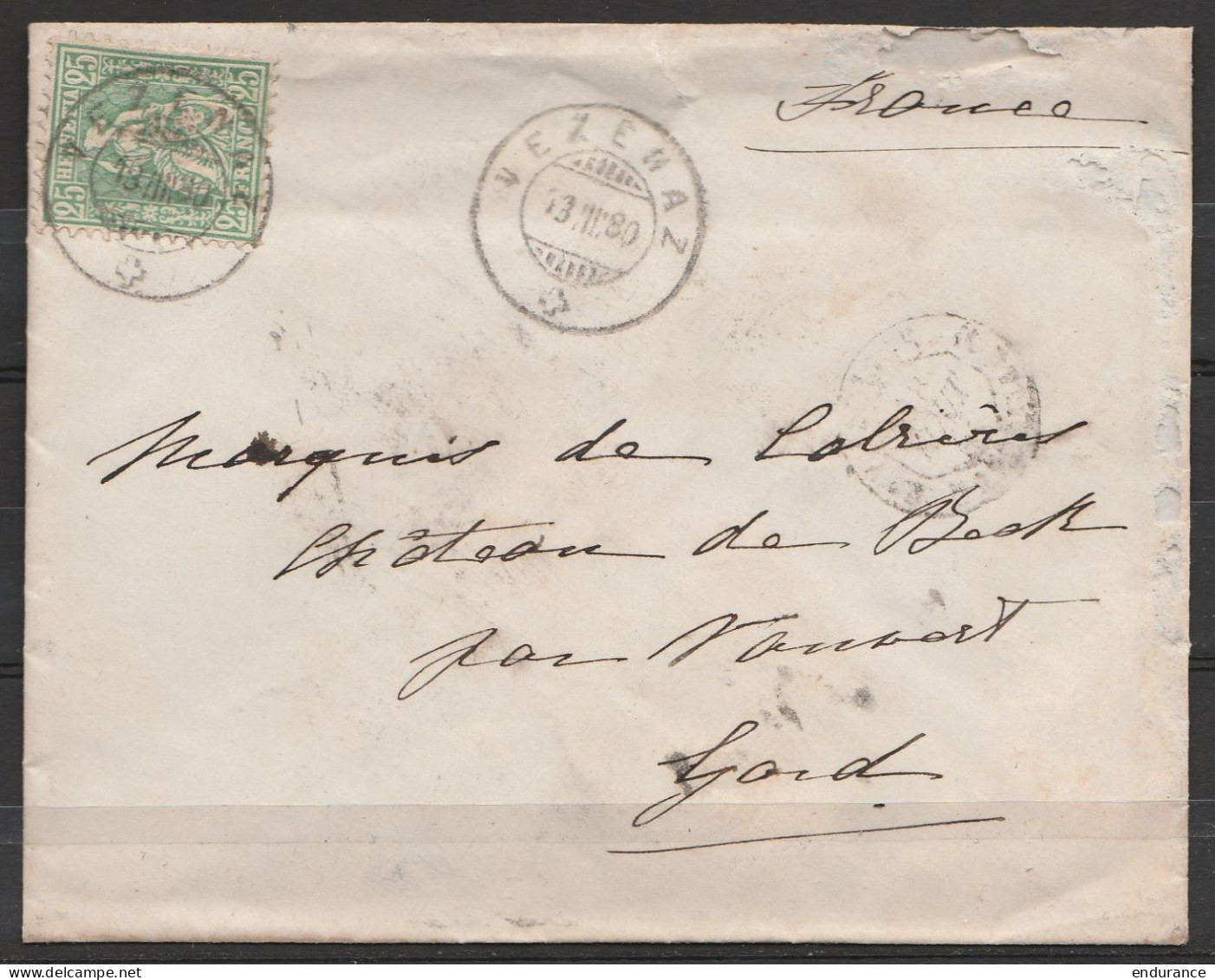Suisse - L. Affr. 25c Càpt VEZENAZ /13.III.1880 Pour Château De B?? à VAUVERT (Gard) - Cartas & Documentos