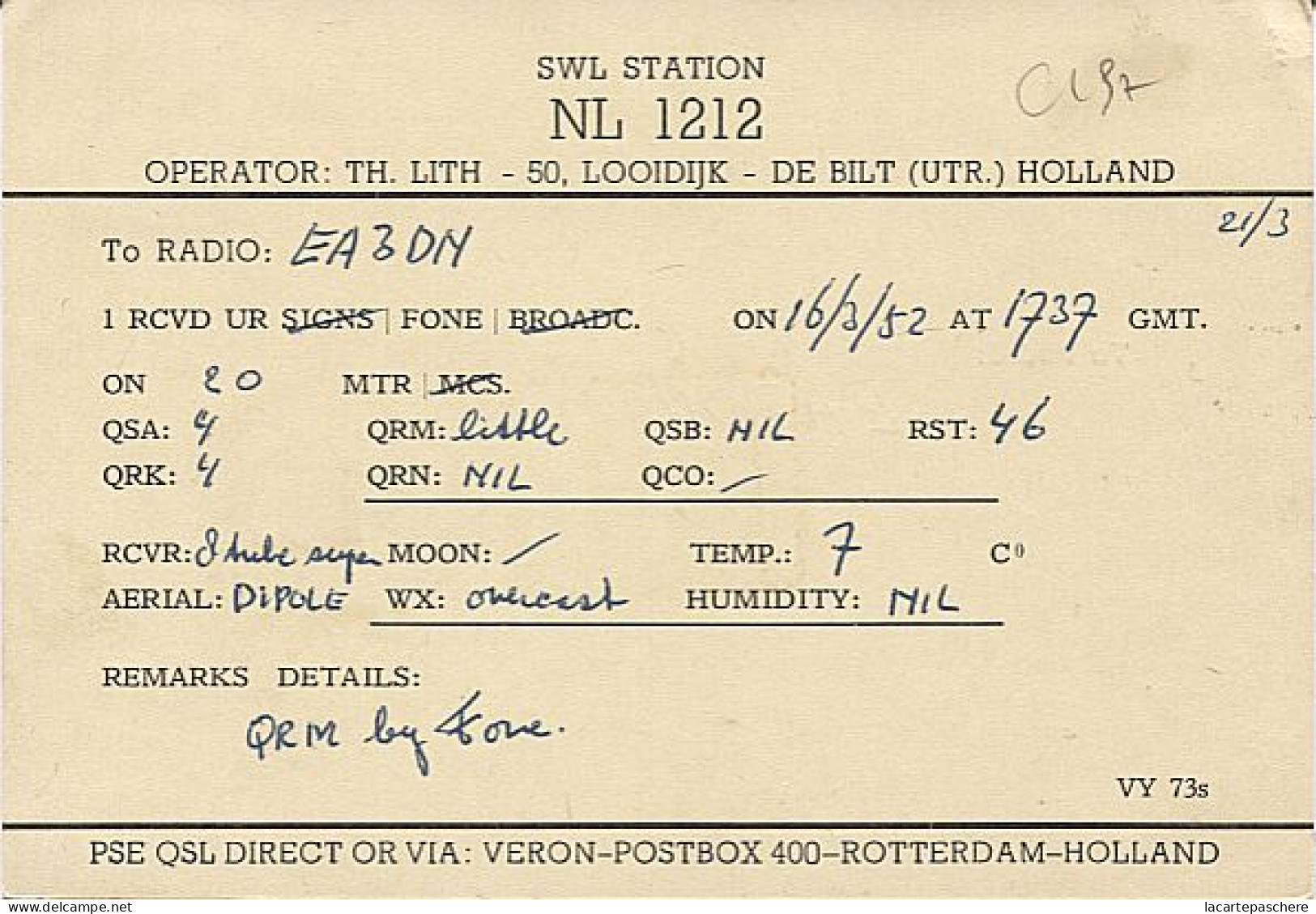 X120950 CARTE QSL RADIO AMATEUR NL 1212 ? HOLLANDE HOLLAND NEDERLAND DE BILT 1952  DEUX SCANS - Amateurfunk