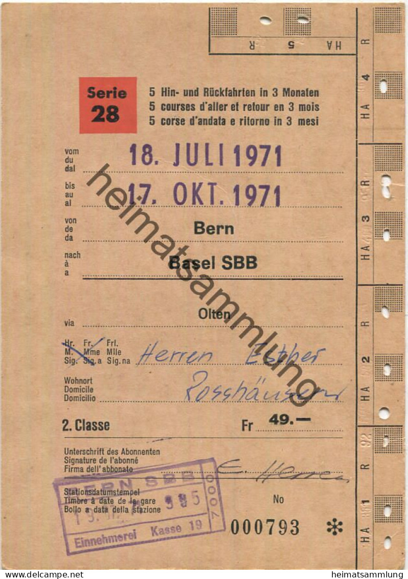 Schweiz - Bern Basel SBB - 5 Hin- Und Rückfahrten In 3 Monaten - Serie 28 - Fahrkarte 1971 - Europe