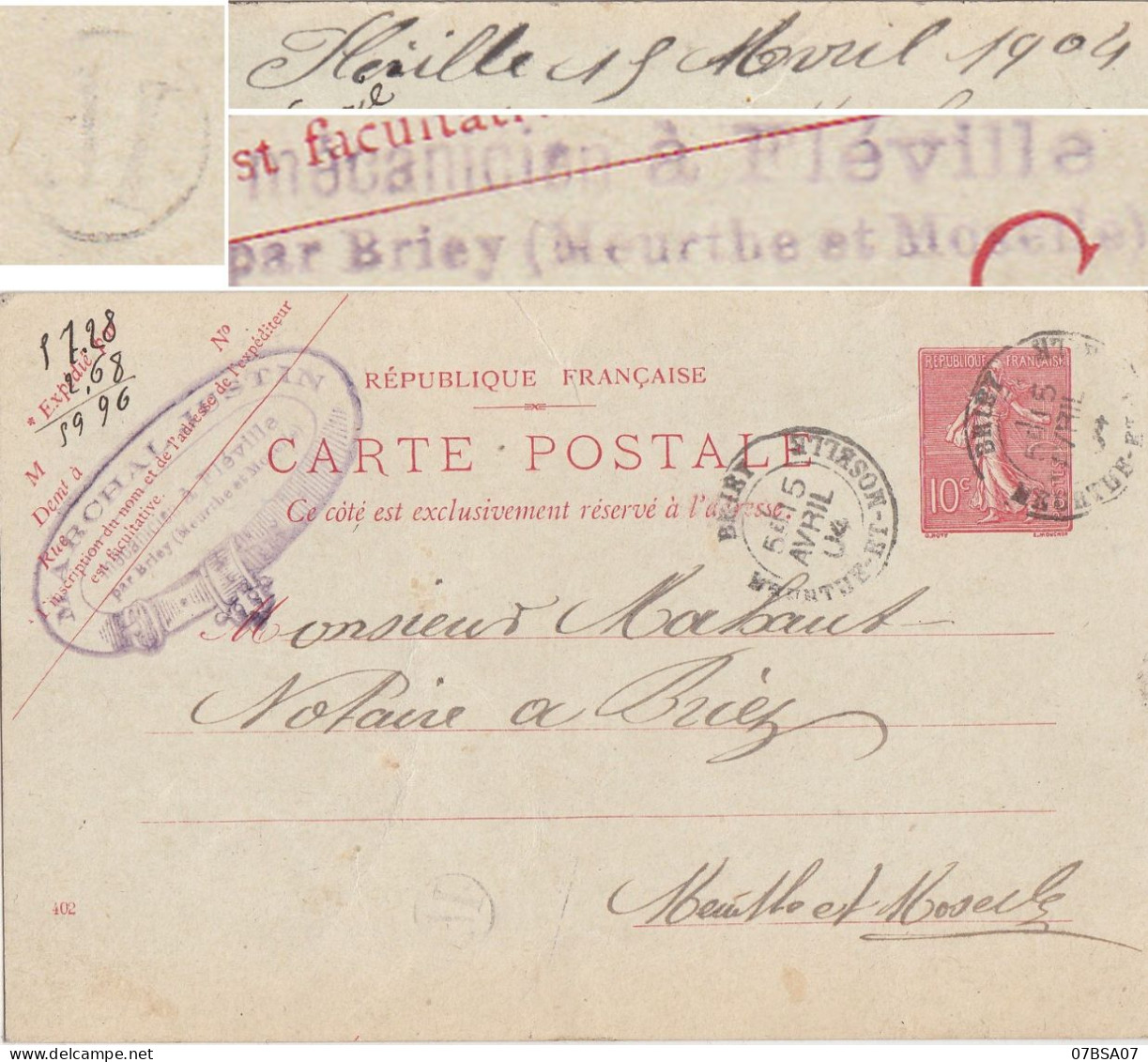 BOITE RURALE MEURTHE ET MOSELLE ENTIER CP 10C SEMEUSE LIGNEE 1904 T18 TARDIF BRIEY BOITE RURALE M = FLEVILLE - 1903-60 Semeuse Lignée