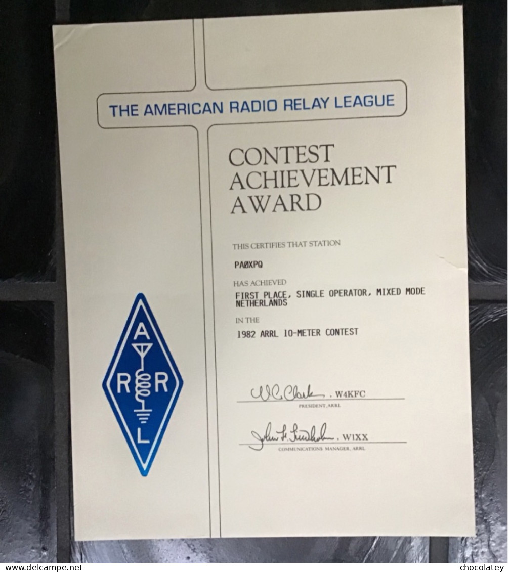 The American Radio Relay League Award 1982 - Diplômes & Bulletins Scolaires
